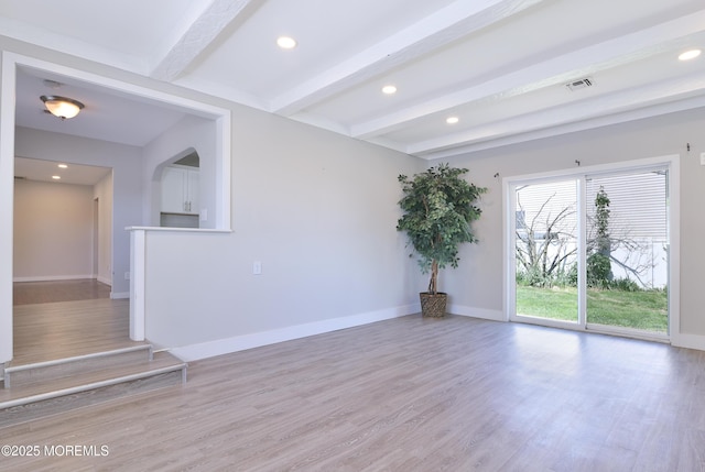 68 Elm St, Beachwood, NJ 08722 - empty room with beamed ceiling, recessed lighting, light wood-style floors, and baseboards