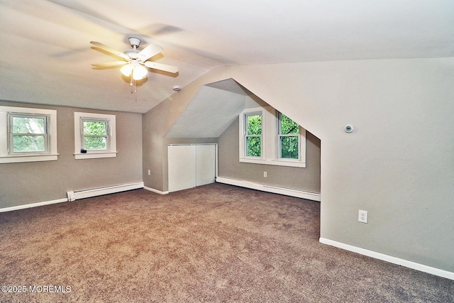 1600 Lawrence Ave, Toms River, NJ 08757 - additional living space featuring a baseboard radiator, carpet floors, ceiling fan, lofted ceiling, and baseboards