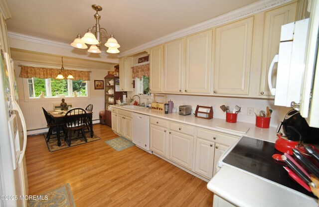 503 Page Ave, Allenhurst, NJ 07711 - kitchen with white appliances, a chandelier, light wood finished floors, a sink, and baseboard heating