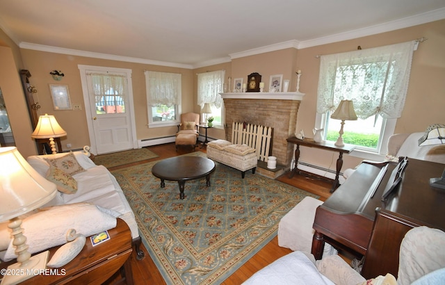 503 Page Ave, Allenhurst, NJ 07711 - living room featuring a baseboard radiator, ornamental molding, wood finished floors, a baseboard heating unit, and a fireplace