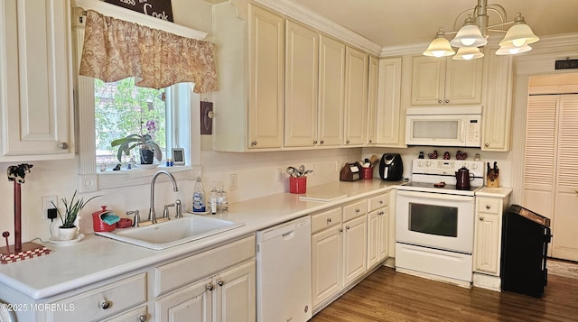 503 Page Ave, Allenhurst, NJ 07711 - kitchen with white appliances, a chandelier, light countertops, decorative light fixtures, and dark wood-style flooring