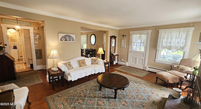 503 Page Ave, Allenhurst, NJ 07711 - living room with a baseboard radiator, ornamental molding, and wood finished floors