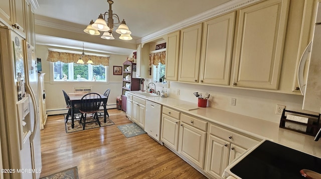 503 Page Ave, Allenhurst, NJ 07711 - kitchen with white dishwasher, cream cabinets, a chandelier, light wood-style floors, and a baseboard radiator