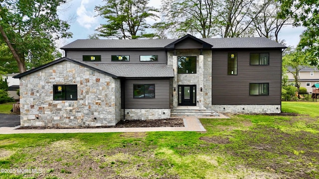 4 Penny Ct, East Brunswick, NJ 08816 - contemporary home featuring stone siding, a front yard, and roof with shingles