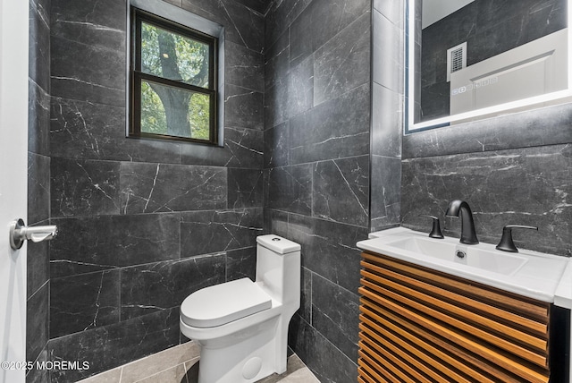 4 Penny Ct, East Brunswick, NJ 08816 - half bath featuring tile walls, vanity, toilet, and decorative backsplash