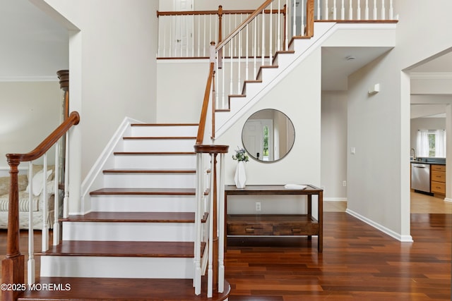 7 Topaz Dr, Jackson, NJ 08527 - stairs with wood finished floors, a towering ceiling, and crown molding