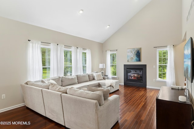 7 Topaz Dr, Jackson, NJ 08527 - living area featuring high vaulted ceiling, dark wood-style floors, a glass covered fireplace, and recessed lighting