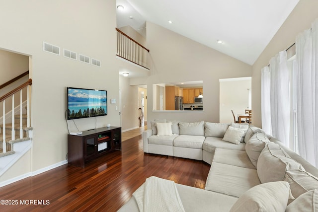 7 Topaz Dr, Jackson, NJ 08527 - living room featuring hardwood / wood-style flooring, stairway, high vaulted ceiling, and recessed lighting