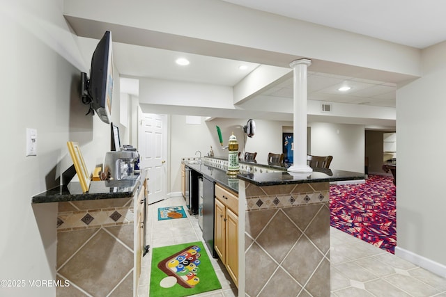 7 Topaz Dr, Jackson, NJ 08527 - kitchen with light tile patterned floors, refrigerator, recessed lighting, and dark stone countertops