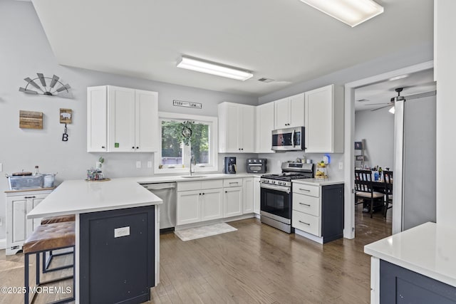 62 E 5th St, Howell, NJ 07731 - kitchen featuring appliances with stainless steel finishes, a ceiling fan, a peninsula, a sink, and white cabinetry