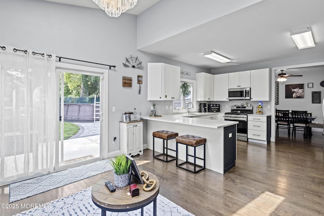 62 E 5th St, Howell, NJ 07731 - kitchen featuring stainless steel appliances, a peninsula, dark wood-style flooring, white cabinets, and a sink