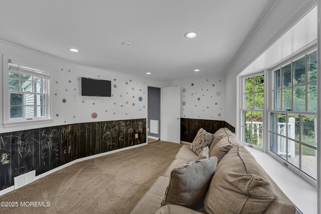 7 Elizabeth Pkwy, Eatontown, NJ 07724 - carpeted living area featuring wallpapered walls, recessed lighting, and crown molding