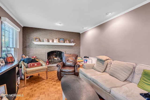 330 Green Grove Rd, Ocean Twp, NJ 07712 - living area featuring crown molding, a fireplace, and recessed lighting