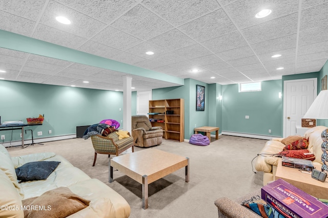 330 Green Grove Rd, Ocean Twp, NJ 07712 - carpeted living room with baseboard heating, baseboards, recessed lighting, and a drop ceiling