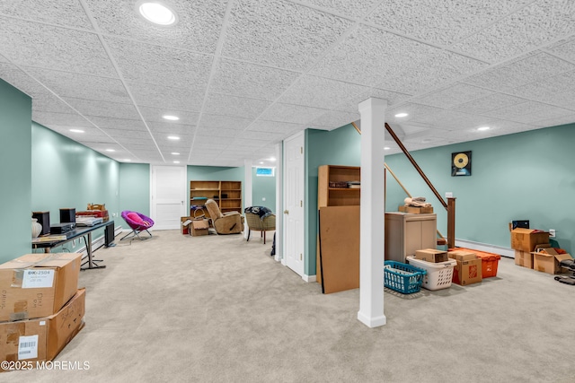330 Green Grove Rd, Ocean Twp, NJ 07712 - finished below grade area featuring carpet, a paneled ceiling, recessed lighting, a baseboard radiator, and baseboards