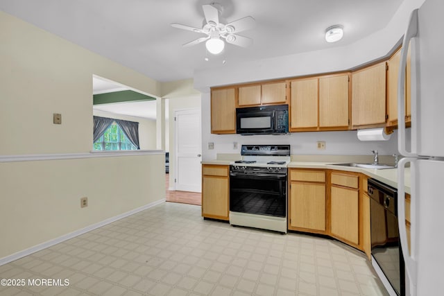 11 Adler Cir, Lumberton, NJ 08048 - kitchen featuring black appliances, a sink, light countertops, a ceiling fan, and light floors