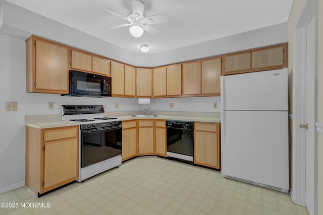 11 Adler Cir, Lumberton, NJ 08048 - kitchen with black appliances, light countertops, light flooring, ceiling fan, and light brown cabinets