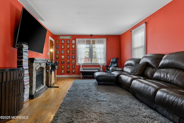 1020 Raritan Ave, Highland Park, NJ 08904 - living room featuring light wood-type flooring, a fireplace, and baseboards
