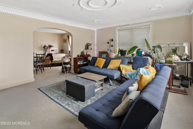 1020 Raritan Ave, Highland Park, NJ 08904 - carpeted living room featuring arched walkways, ornamental molding, and baseboards