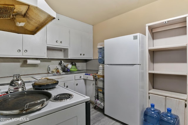 1020 Raritan Ave, Highland Park, NJ 08904 - kitchen featuring white appliances, open shelves, white cabinets, and light wood-type flooring