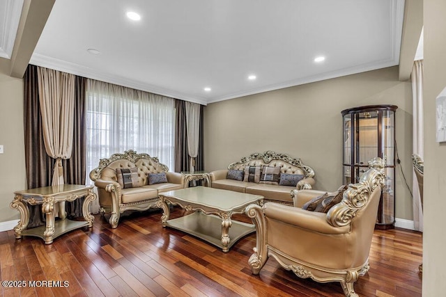 43 Saint Johns Dr, Freehold, NJ 07728 - living room featuring crown molding, wood-type flooring, recessed lighting, and baseboards