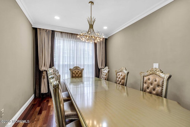 43 Saint Johns Dr, Freehold, NJ 07728 - dining space featuring a chandelier, crown molding, dark wood-type flooring, baseboards, and recessed lighting