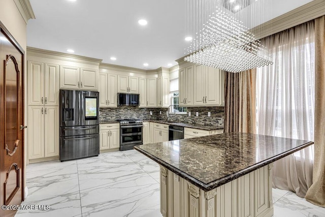 43 Saint Johns Dr, Freehold, NJ 07728 - kitchen with black appliances, light marble finish floors, cream cabinets, recessed lighting, and crown molding