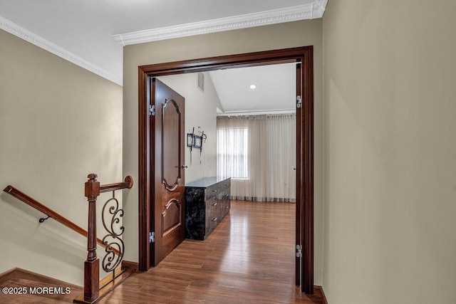 43 Saint Johns Dr, Freehold, NJ 07728 - hall featuring wood finished floors, crown molding, an upstairs landing, and baseboards