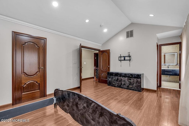 43 Saint Johns Dr, Freehold, NJ 07728 - bedroom featuring wood finished floors, lofted ceiling, recessed lighting, baseboards, and ornamental molding