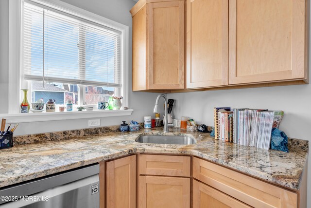 1204 River Rd, Belmar, NJ 07719 - kitchen with light brown cabinets, stainless steel dishwasher, a sink, and light stone countertops
