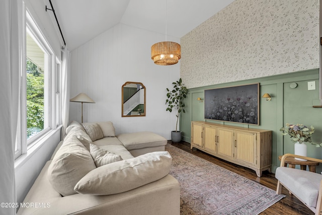 17 Maplewood Dr, Middletown, NJ 07748 - living room with lofted ceiling, plenty of natural light, dark wood finished floors, and wallpapered walls