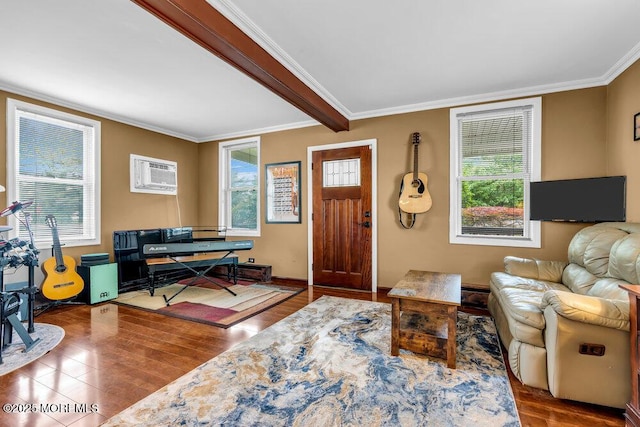 908 Green Grove Rd, Ocean Twp, NJ 07712 - living area featuring crown molding, wood finished floors, a wall unit AC, baseboards, and an office area