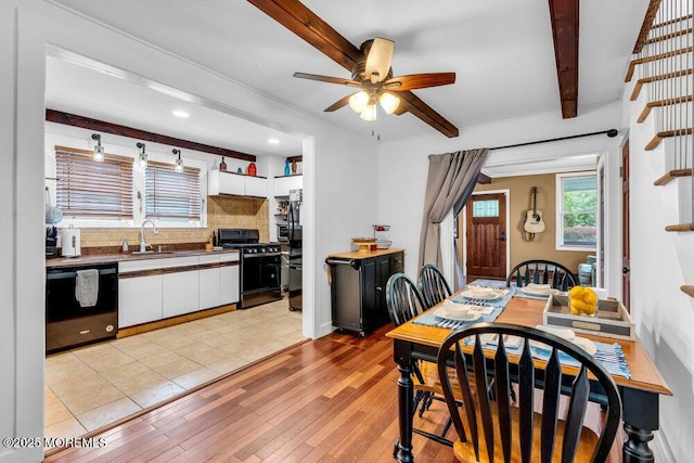 908 Green Grove Rd, Ocean Twp, NJ 07712 - dining area with light wood finished floors, a ceiling fan, beamed ceiling, and recessed lighting
