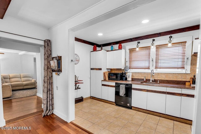 908 Green Grove Rd, Ocean Twp, NJ 07712 - kitchen featuring black appliances, a sink, white cabinets, dark countertops, and recessed lighting