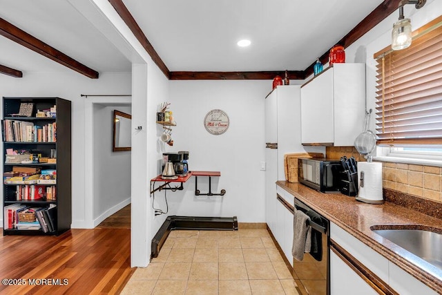 908 Green Grove Rd, Ocean Twp, NJ 07712 - kitchen with black appliances, white cabinetry, backsplash, beamed ceiling, and recessed lighting
