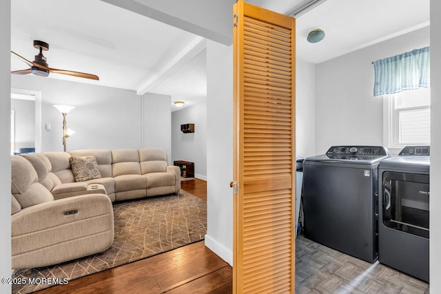 908 Green Grove Rd, Ocean Twp, NJ 07712 - washroom featuring washer and dryer, ceiling fan, wood finished floors, and baseboards