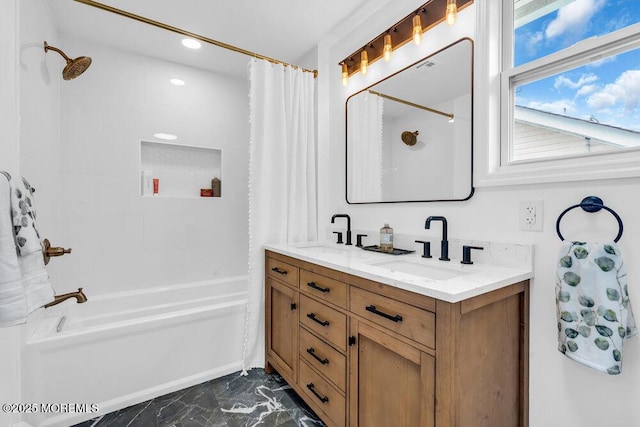908 Green Grove Rd, Ocean Twp, NJ 07712 - full bath featuring shower / bathtub combination with curtain, marble finish flooring, double vanity, and recessed lighting
