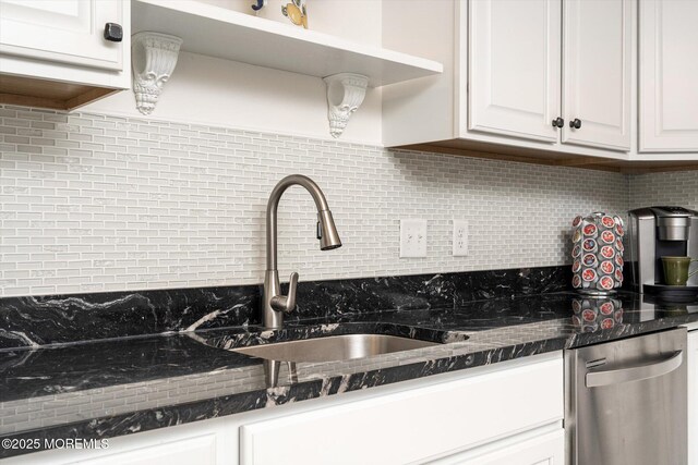 2033 Rte 35 Unit 3, Seaside Heights, NJ 08751 - kitchen featuring decorative backsplash, stainless steel dishwasher, a sink, white cabinets, and open shelves