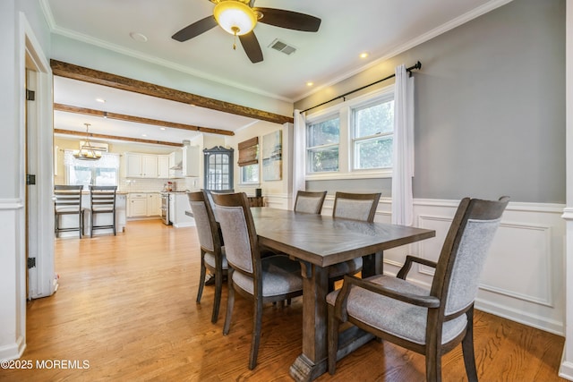 13 Poplar Ave, Fair Haven, NJ 07704 - dining space featuring healthy amount of natural light, a ceiling fan, light wood finished floors, wainscoting, and ornamental molding
