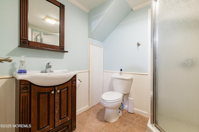 13 Poplar Ave, Fair Haven, NJ 07704 - full bath with vanity, a stall shower, wainscoting, toilet, and tile patterned floors