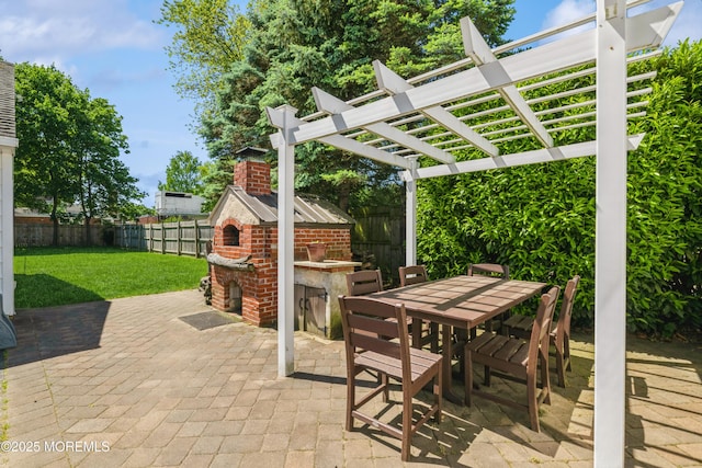 13 Poplar Ave, Fair Haven, NJ 07704 - view of patio / terrace featuring a pergola, a brick fireplace, and outdoor dining space