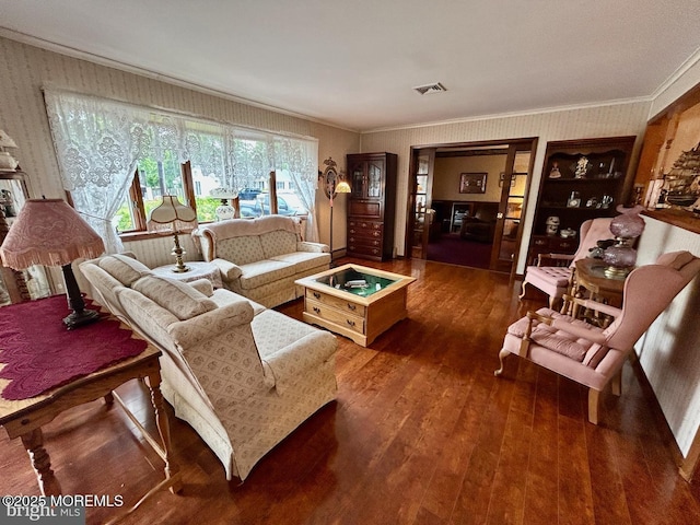 504 Windsor St, Forked River, NJ 08731 - living room with wallpapered walls, ornamental molding, and wood finished floors