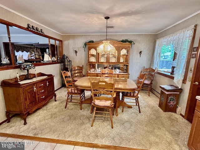 504 Windsor St, Forked River, NJ 08731 - dining space with ornamental molding, baseboard heating, and carpet floors
