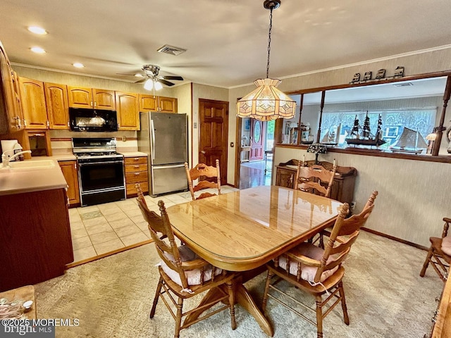 504 Windsor St, Forked River, NJ 08731 - dining space with a ceiling fan, light colored carpet, ornamental molding, and recessed lighting