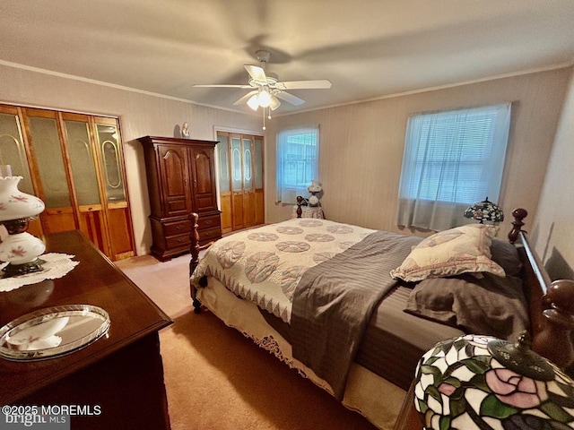 504 Windsor St, Forked River, NJ 08731 - bedroom with light colored carpet, crown molding, and a ceiling fan