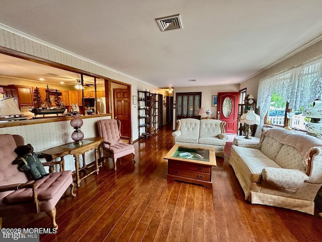 504 Windsor St, Forked River, NJ 08731 - living area with crown molding, dark wood-style floors, and a ceiling fan