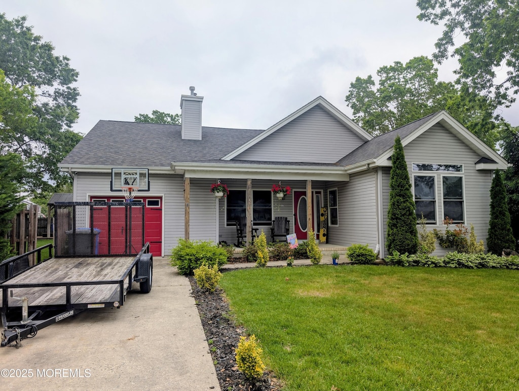 175 Bosun Ave, Manahawkin, NJ 08050 - view of front of house featuring a porch, an attached garage, a chimney, a front yard, and roof with shingles