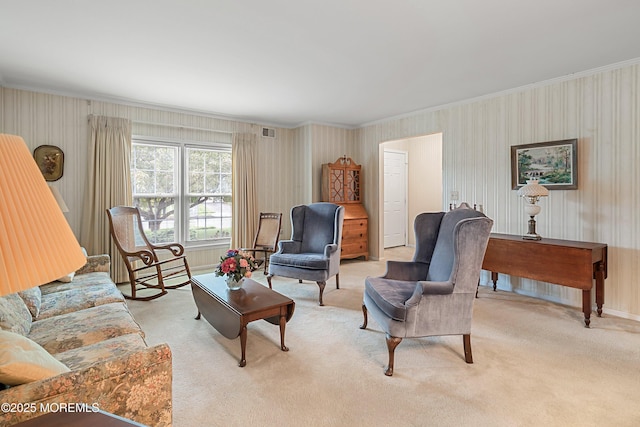4 Olympus Way, Brick, NJ 08724 - living area with ornamental molding, wallpapered walls, light colored carpet, and baseboards