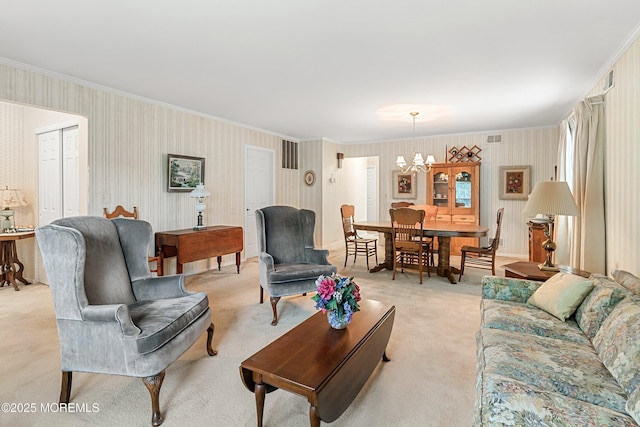 4 Olympus Way, Brick, NJ 08724 - living room with crown molding, light carpet, wallpapered walls, and a chandelier
