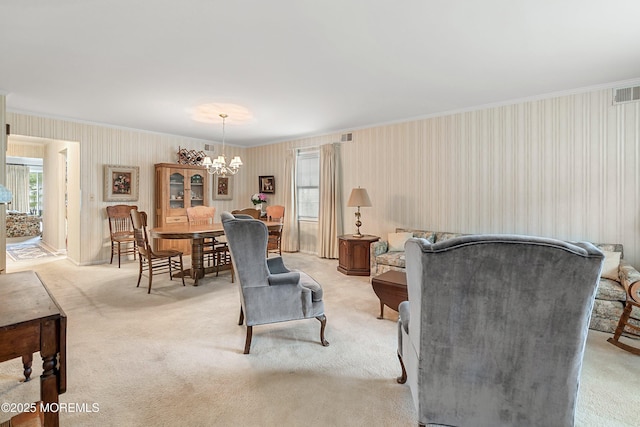 4 Olympus Way, Brick, NJ 08724 - living room with crown molding, wallpapered walls, a chandelier, and light carpet